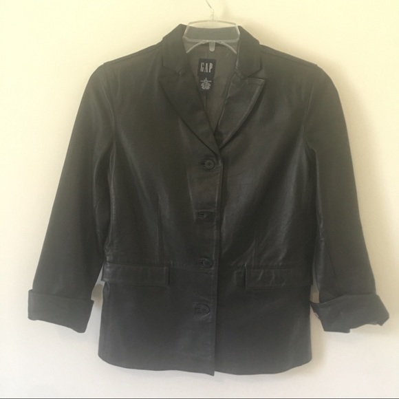 {GAP} 90s Vintage Black Leather Blazer - Picture 3 of 7